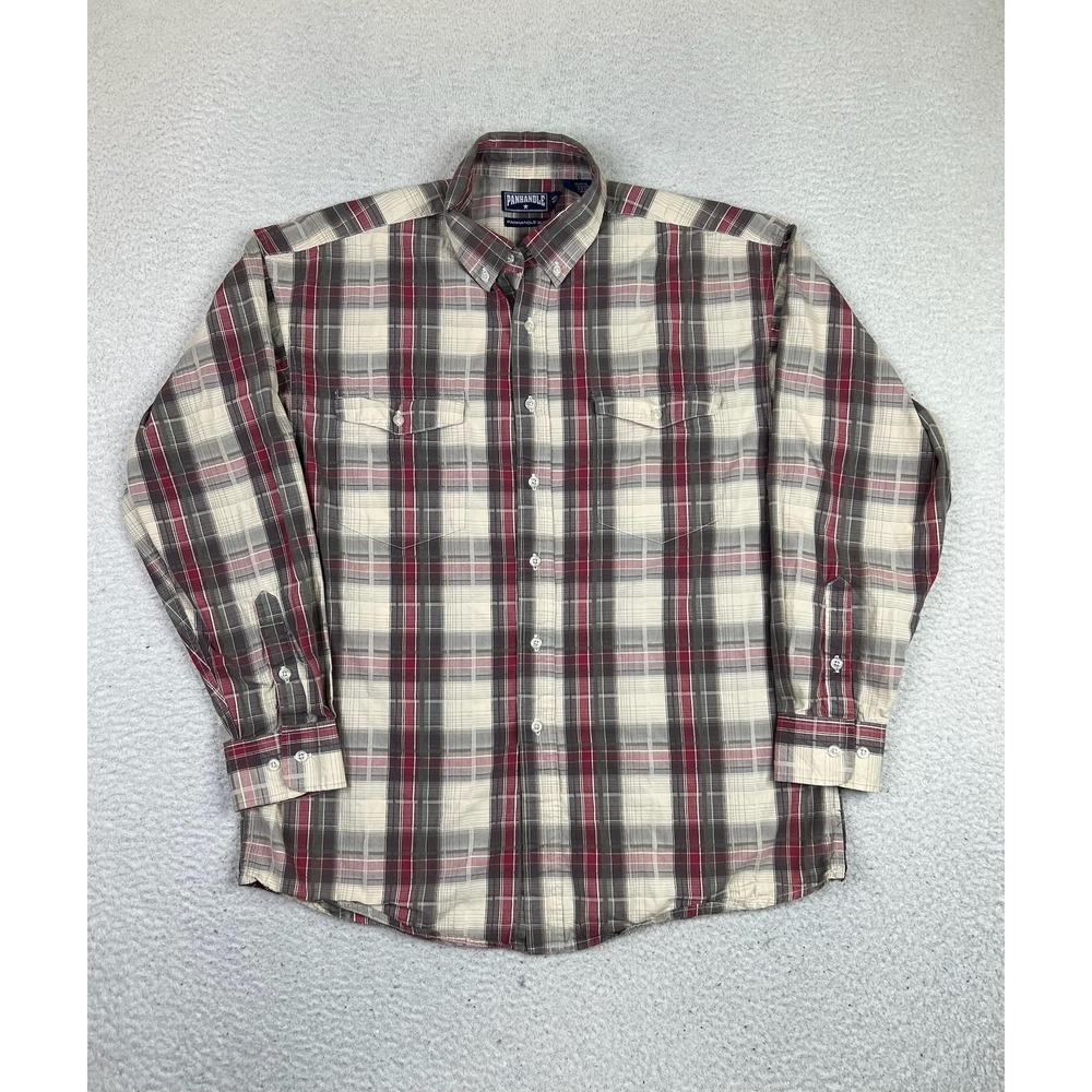 Panhandle Slim Shirt Mens Large Red Gray Plaid Long Sleeve Button Front‎ Casual